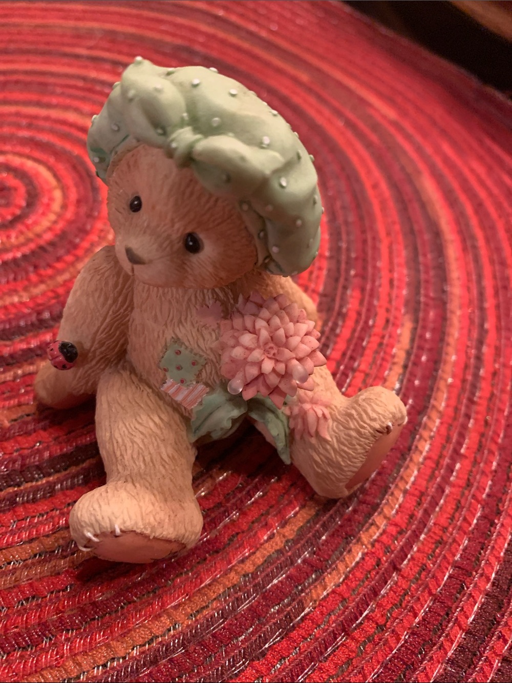 Cherished Teddies “Darla” Beige Bear Figurine with Mint Hat and Pink Flower